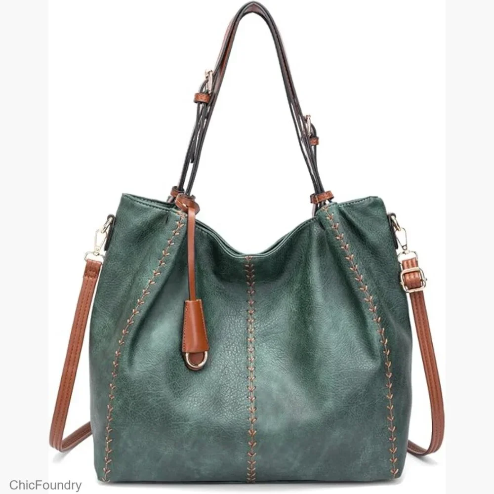 Vintage Hobo Shoulder Bag Soft Leather Bucket Tote Structured Purse Rivet Detail